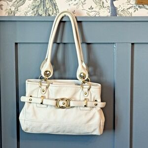 Wilson's Leather Y2K White Genuine Leather Shoulder Bag Gold Tone Hardware Tote
